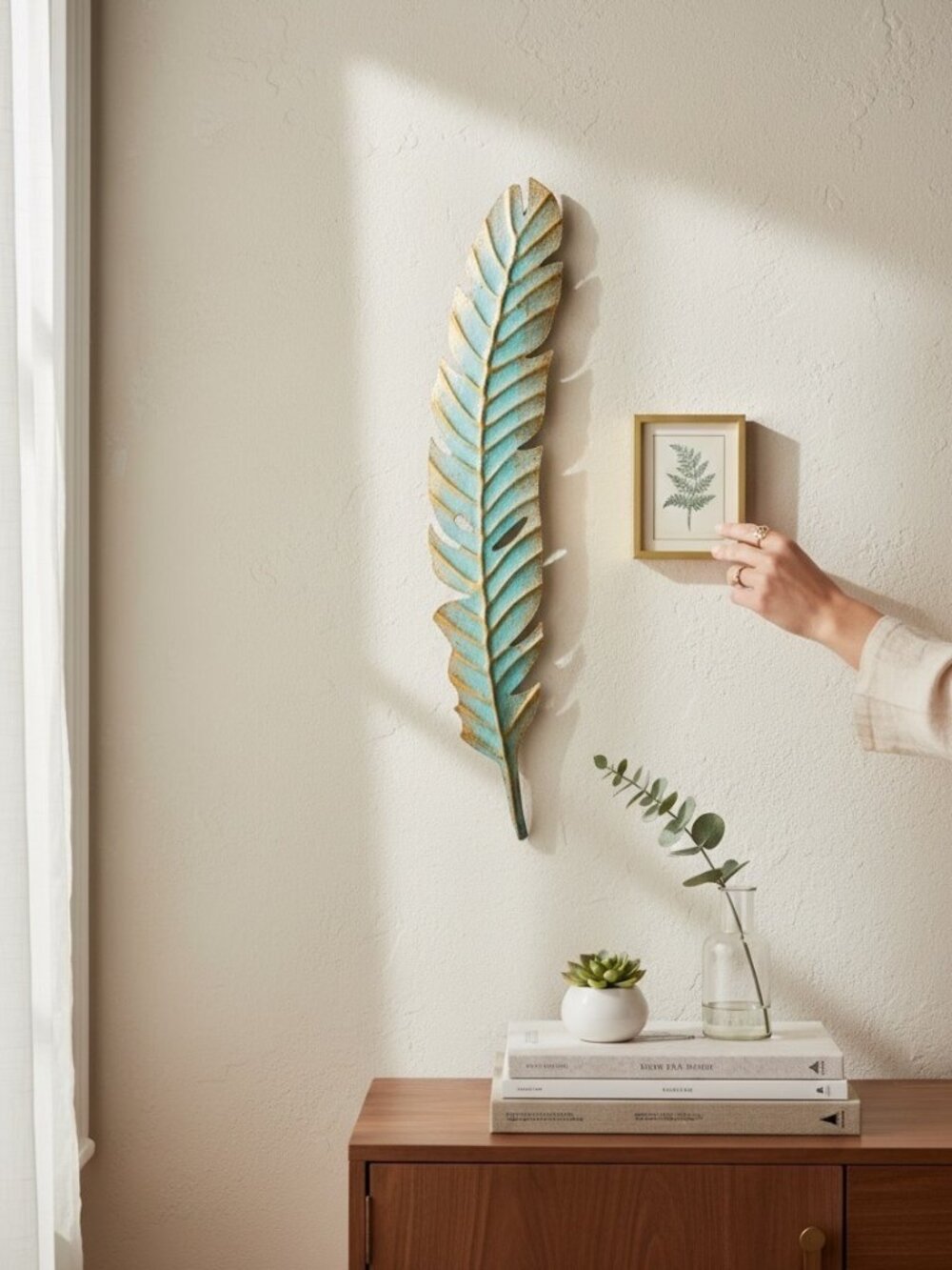 Metallic Feather Wall Decor In Distressed Blue & Gold Finish